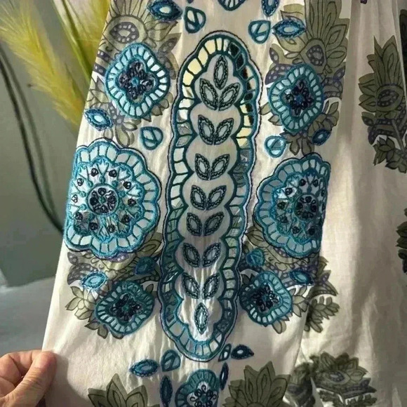 Talbots Women’s 1X Blouse Blue Imari Floral Medallion 3/4 Sleeve Crochet Accents - Picture 7 of 13